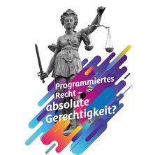 Key Visual RiStA-Tag 2023 | Bildquelle: DRB Justicia mit Wage und Schwert mit Titel des Richter- und Staatsanwaltschaftstags für 2023 „Programmiertes Recht – absolute Gerechtigkeit?“